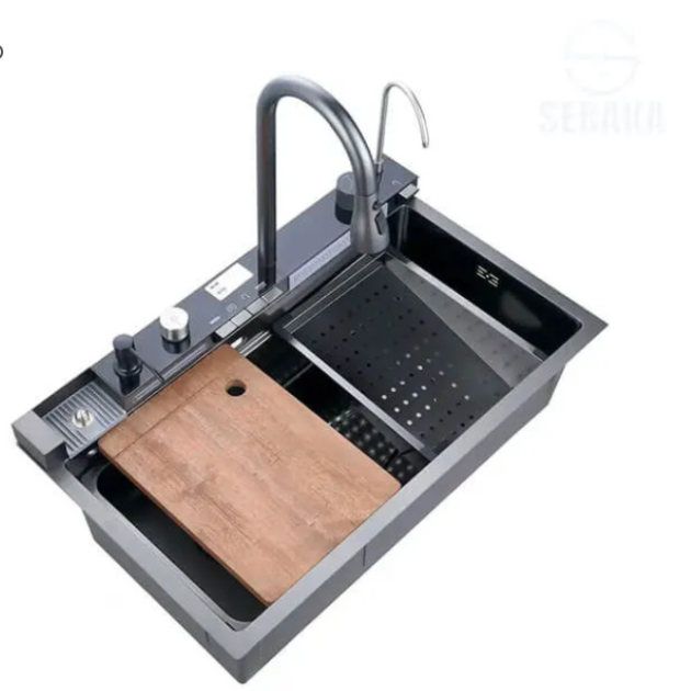 حوض المطبخ سمارت 80 × 45 سم 5 زرار الديجيتال لون اسود بالصرف و المشتملات Digital Kitchen Sink